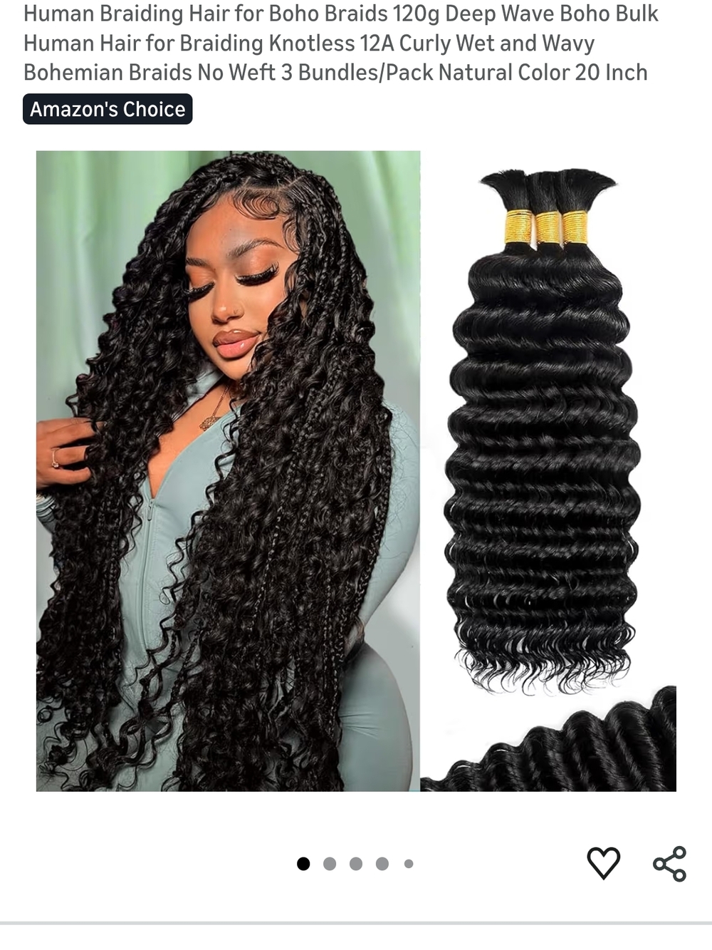 30" 120g Deep Wave Human Braiding Hair Bundles - Natural Black Boho Style